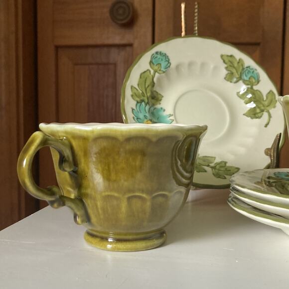 Vintage Vernon Ware by Metlox Olive Green & Blue Cups and Saucers, Set of 4 - Picture 2 of 11